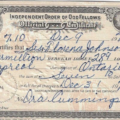 Independent Order of Odd Fellows: Official Certificate of Paid Dues, Sister Florence Johnson, 1976