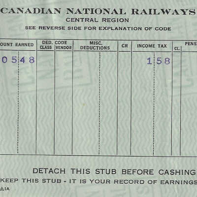 Canadian National Statement of Earnings and Deductions belonging to Frank Mazzuca