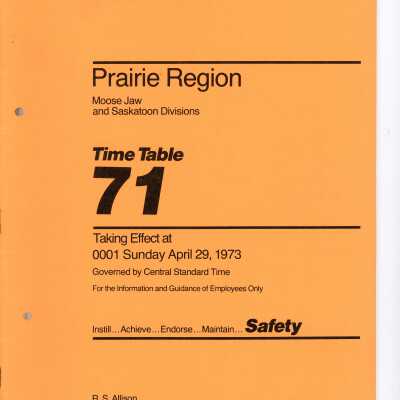 CN Employee Operating Time Table 71 for Pacific Region, Moosejaw and Saskatoon Divison, Effective Sunday, April 29th, 1973