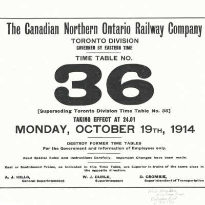 The Canadian Northern Ontario Railway Company Toronto Divsion Time Table 36, Monday October 19, 1914