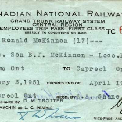 Canadian National: Dependent Child of Employee Trip Pass, Gogama On from Capreol On and back, Issued to Roland McKinnon, son of J. B. McKinnon, 1951