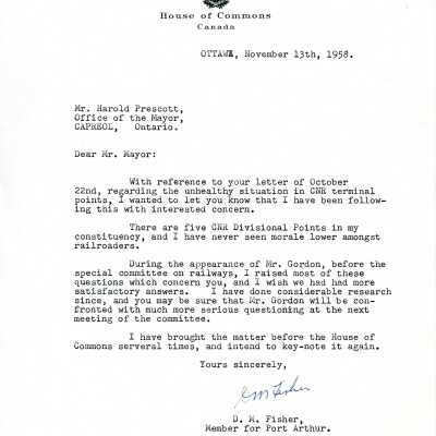 House of Commons Letter, November 13 1958, to Harold Prescott from D M Fisher regarding CNR terminal Points
