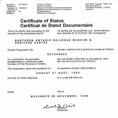 NORMHC Certificate for Status of Corporation