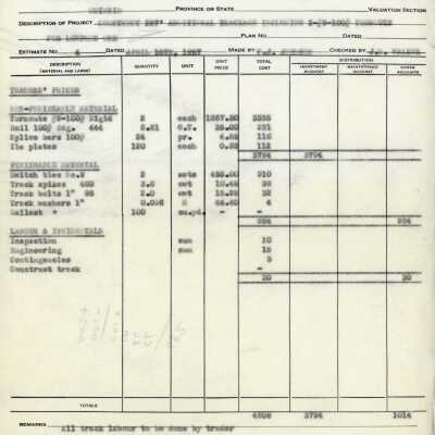 Document, CN Detailed Estimate, Construct 267 feet Additional Trackage Including 2-9-100 Turncuts for Lowphos Ore.
