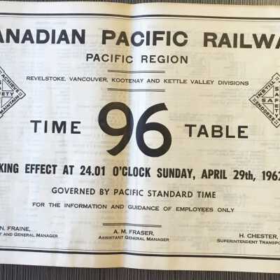Canadian Pacific Railway, Pacific Region, Revelstoke, Vancouver, Kootenay and Kettle Valley Divisions, Timetable 96, 1962