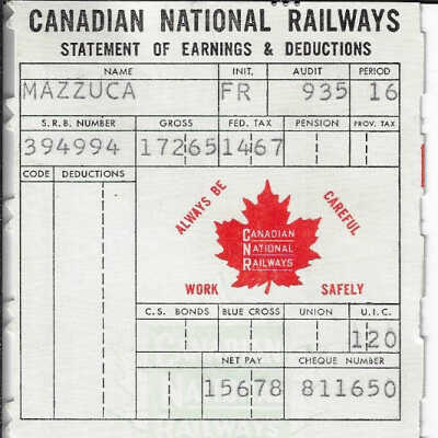 Canadian National Statement of Earnings and Deductions belonging to Frank Mazzuca