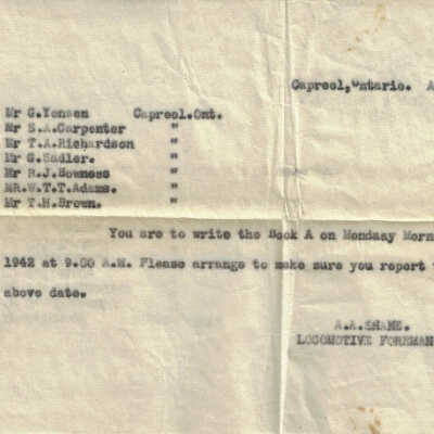 Letter from A. A. Shane, Locomotive Foreman Addressed to Mr. G. Yensen, Mr. S. A. Carpenter, Mr. T. A. Richardson, Mr. R. J. Bowness, Mr. W. T. T. Addams, Mr. T. H. Brown in Capreol, ON, April 15th, 1942