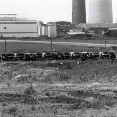 Photograph, INCO Locomotive with slag pots, Photo by Dale Wilson, Darkroom wirk by Gordon Jomini.