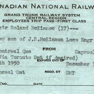 Canadian National: Dependent Child of Employee Trip Pass, Montreal Que from Capreol On Issued to Roland McKinnon, son of J. B. McKinnon, 1951