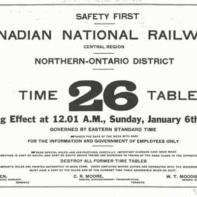 Canadian National Railways, Northern Ontario District Time Table 26, January 6, 1929