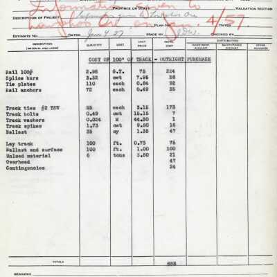 Document, CN Detailed Estimate, Information given to Lowphos Ore on January 4, 1957.