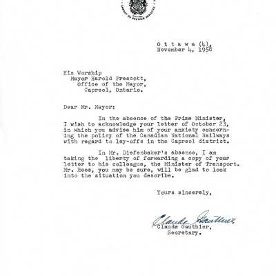 Office of the Prime Minister Letter, to Harold Prescott from Claude Gauthier, November 4 1958