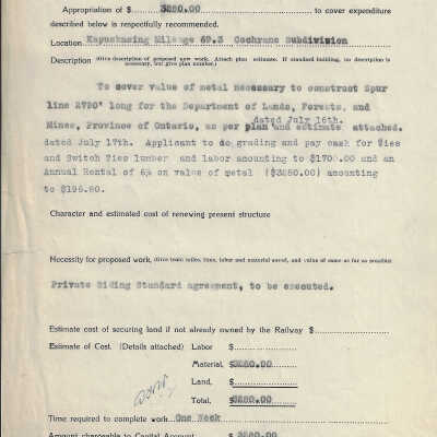Canadian Government Railways: Project and Cost Proposal for Constructing Spur Line 2790’ long for the Department of Lands Forests and Mines