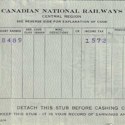 Canadian National Statement of Earnings and Deductions belonging to Frank Mazzuca