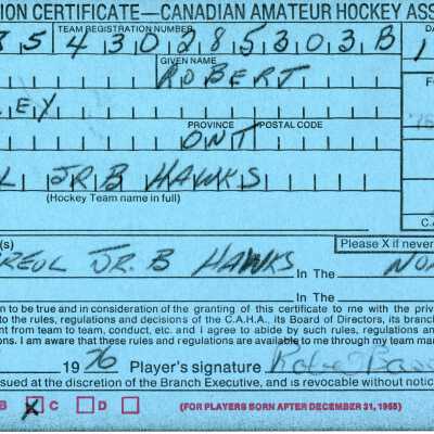Hockey Player's Registration Certificate belonging to Robert Basso
