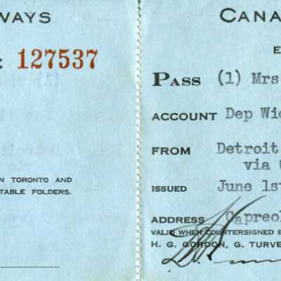 Canadian National: Dependent, Mother of Employee Pass, to Detroit Mich from Ottawa and back, Issued to Mrs. M. McKinnion, Mother of J. B. McKinnon, 1942