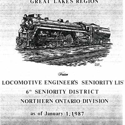 CN Rail, Great Lakes Region, Locomotive Engineer's Seniority List, 6th Seniority District, Northern Ontario Division, as of January 1, 1987.