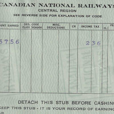 Canadian National Statement of Earnings and Deductions belonging to Frank Mazzuca