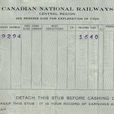 Canadian National Statement of Earnings and Deductions belonging to Frank Mazzuca