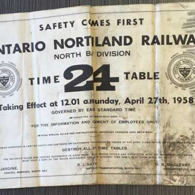 Ontario Northland Railway, North Bay Division Timetable 24, 1958