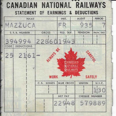 Canadian National Statement of Earnings and Deductions belonging to Frank Mazzuca