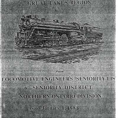 CN Rail, Great Lakes Region, Locomotive Engineer's Seniority List, 6th Seniority District, Northern Ontario Division, as of January 1, 1988.