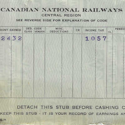 Canadian National Statement of Earnings and Deductions belonging to Frank Mazzuca