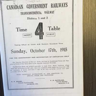 Canadian Government Railways, Transcontinental Railway Districts 1 and 2 Timetable 4, 1915