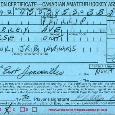 Hockey Player's Registration Certificate belonging to Phillip Boudreau