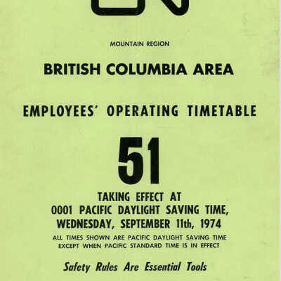 Employee Timetable, CN Rail, British Columbia Area 51, September 11th 1974.