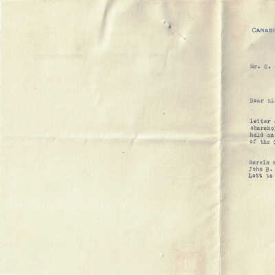 Letter, Canadian Northern Railway, Mr.. G.C. Lott, Annual Shareholders Meeting, Moose Mountain Ltd., January 15th 1916