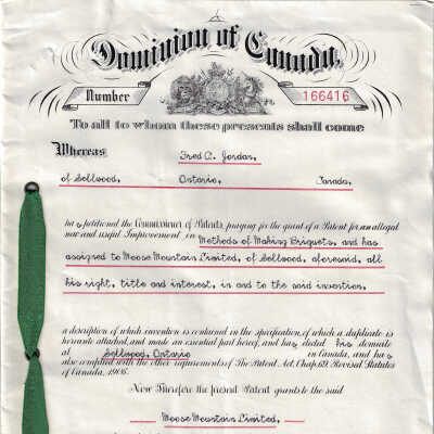 Patent Documents, Dominion of Canada. Fred A, Jordan, "Improvement in Methods of Making Briquets". Rights assigned to Moose Mountain Limited. December 17th 1915. No. 166416