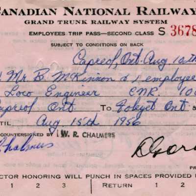 Canadian National Railways Employee Trip Pass, Capreol to Foleyet, J. B. McKinnon and one employee, 1956