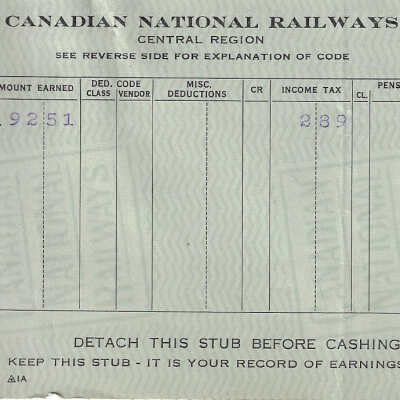 Canadian National Statement of Earnings and Deductions belonging to Frank Mazzuca