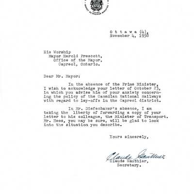 Letter from Claude Gauthier to Harold Prescott, November 4 1958
