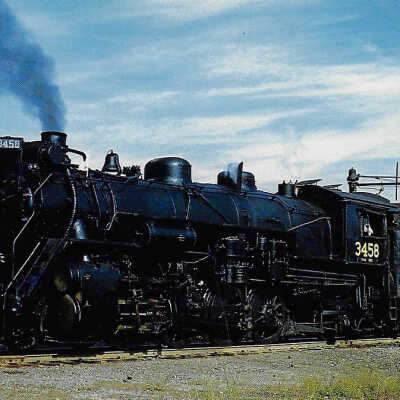 Canadian National Postcard showing Mikado Steam Engine #3458 at Orillia, ON, 1956