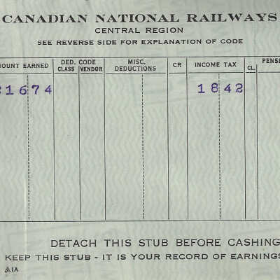 Canadian National Statement of Earnings and Deductions belonging to Frank Mazzuca