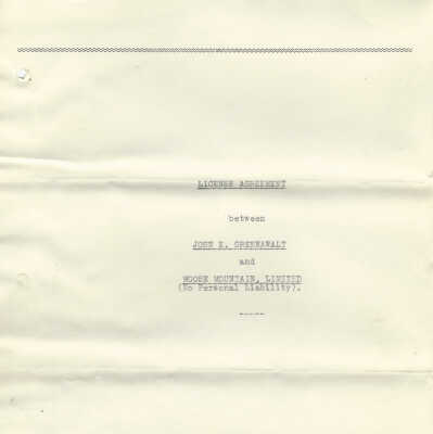 License Agreement between John E. Greenawalt and Moose Mountain, Limited (No Personal Liability)