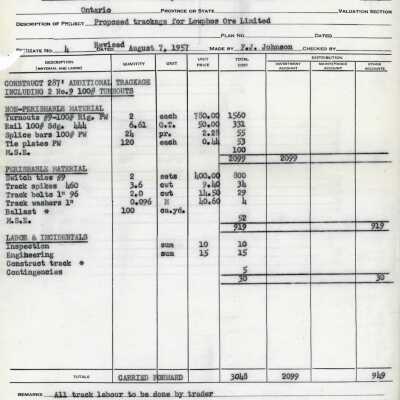 Document, CN Detailed Estimate, Proposed Trackage for Lowphos Ore Limited.