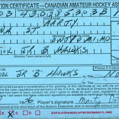 Hockey Player's Registration Certificate belonging to Marty Dotto