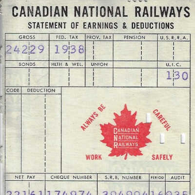 Canadian National Statement of Earnings and Deductions Belonging to Frank Mazzuca