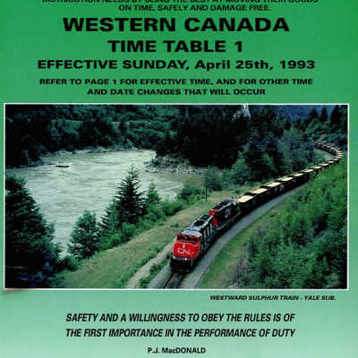 Employee Timetable, CN Rail, Western Canada 1, April 25th 1993.