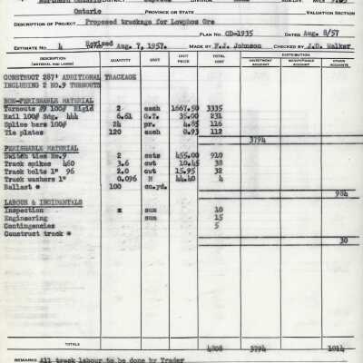 Document, CN Detailed Estimate, Proposed Trackage for Lowphos Ore.