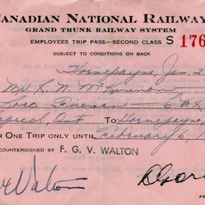 Canadian National Railways Employee Trip Pass, Capreol to Hornepayne, R. M. McKinnon, 1952