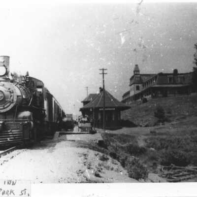 Photograph, CNR Station at Algonquin Park, Highland Inn. Steam Locomotive 2234.