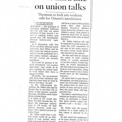 Document, Cn President takes hard line on union talks.