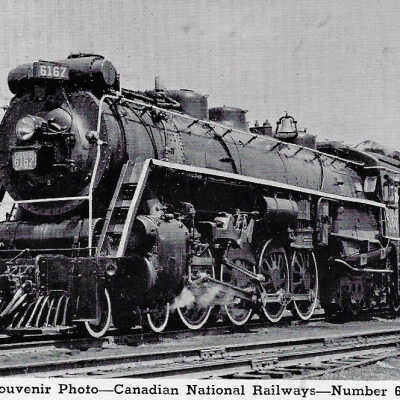 Canadian National Postcard showing Steam Engine #6167 at Mimico, ON, 1962