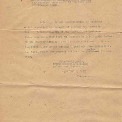 Letters In Re. Moose Mountain Bond Int. Corporate 1917 Coupons/ Note Conversion