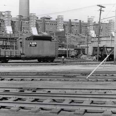 Photograph, INCO Rolling Stock in Front of Copper Cliff Refinery.