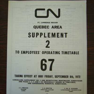 CN St. Lawrence Region Quebec Area Supplement 2 to Employees' Operating Timetable 67, Taking Effect Friday, September 8th, 1972